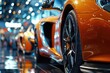 © John - New cars display in luxury showroom with light bokeh in motor show event.