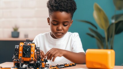 a child sitting at a desk, building a robot from a stem kit, focused and excited about the project s