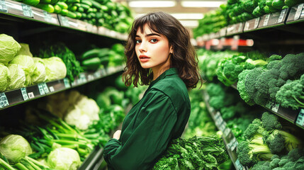 woman in supermarket green vegan concept.