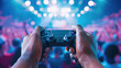 © Anna - Hands holding game controller at vibrant esports arena.