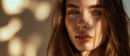 Model girl with shiny brown smooth healthy hair