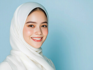 studio shot of smiling young woman wearing white hijab