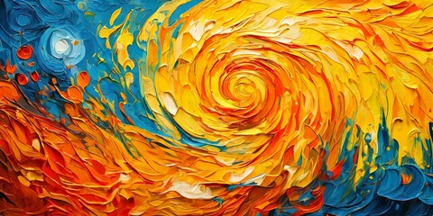 Poster - A painting of a yellow swirl with blue and orange colors