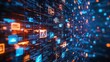 © Umi Sakina - Abstract digital background with glowing icons and data streams in orange and blue hues.
