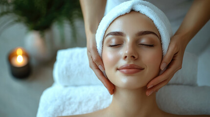 hands of a massage therapist-cosmetologist giving a facial massage to a young woman in a spa salon, cosmetology, skin care, beauty, procedure, lifting, body, anti-aging, Thai, healthy lifestyle