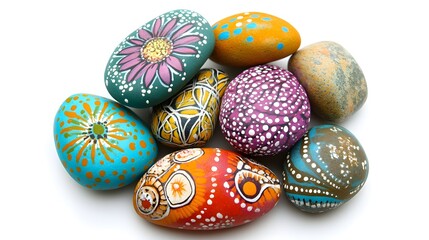 Hand Painted Colorful Stones on White Background