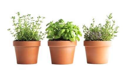 fresh herbs in terracotta pots isolated on white background