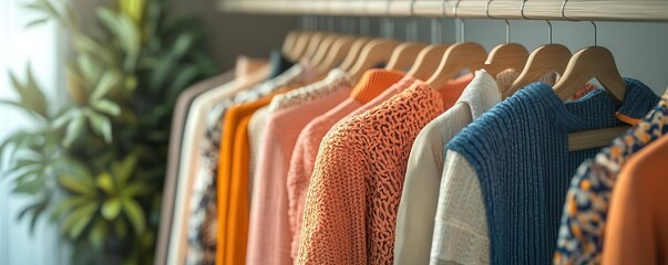 Colorful clothing on hangers in a stylish boutique setting, showcasing diverse fabrics and designs.