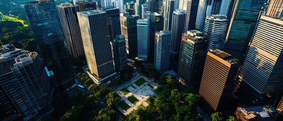 Realistic photo of a large urban plaza surrounded by modern skyscrapers, Landscape Drone view showing the geometric design of the public space and surrounding buildings