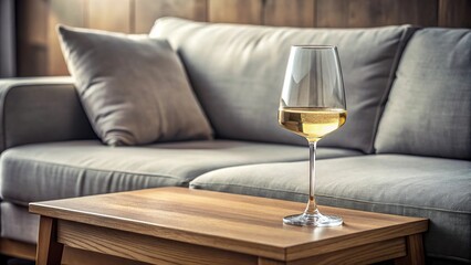 Glass of white wine on sofa with wooden armrest table