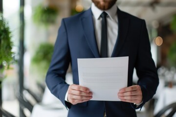 Man in a blue suit holding a document in a formal setting