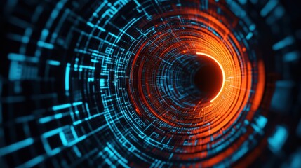 Wall Mural - a mesmerizing digital tunnel with vibrant blue and orange colors, symbolizing advanced technology an