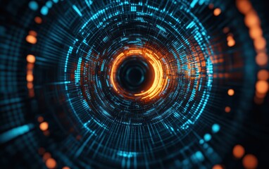 Wall Mural - vibrant abstract digital tunnel with glowing lines and particles in blue and orange tones, creating 