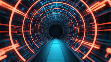 Wall Mural - futuristic tunnel with glowing blue and red lines, creating a digital illusion. ideal for technology