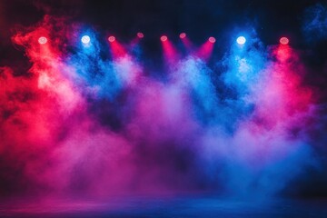 Wall Mural - Colorful stage lights illuminate a misty atmosphere, creating a vibrant and dynamic backdrop for performances or events.