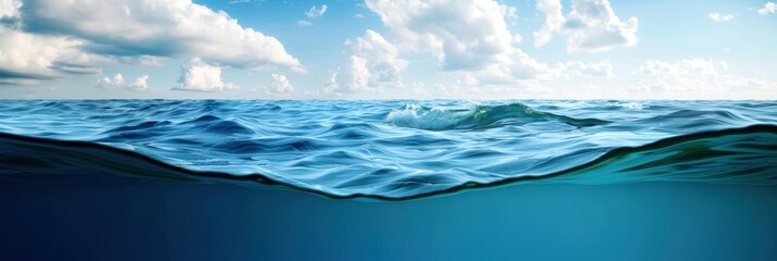 Beautiful view of ocean waves under a bright blue sky with fluffy clouds, creating a serene and peaceful atmosphere.