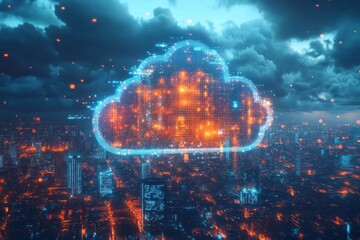 A glowing cloud computing symbol hovers over a futuristic cityscape at night.