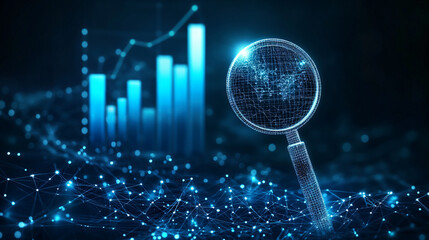 Abstract technology polygonal blue glowing lines and dots magnifying glass with graph and arrow up, with connect triangle network lines data, on a dark blue background, business concept