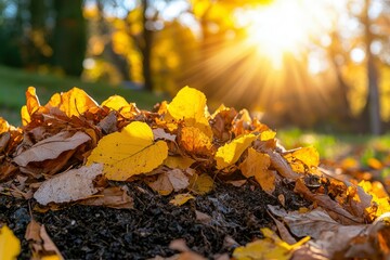 Wall Mural - Golden Autumn Leaves Glowing in Sunlight on Forest Floor