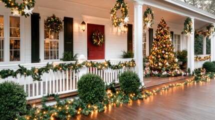 The small house features a bright red door surrounded by festive decorations, including a Christmas tree, wreath, and vibrant ornaments, creating a warm holiday atmosphere