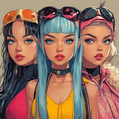 three anime characters, all women, posing together with colorful hair and wild styles