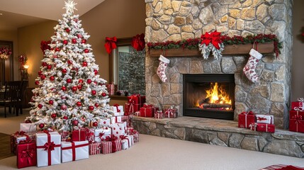 At home, Christmas presents are under the tree in the living room with the fireplace.