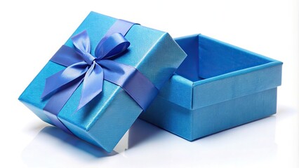 Open blue gift box with shallow depth of field isolated on white background