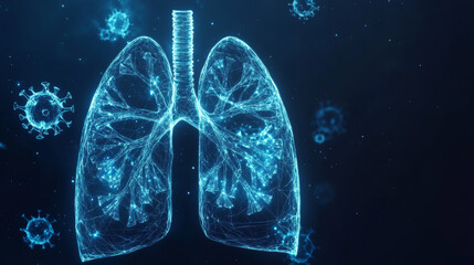 A futuristic image shows glowing, geometric lungs protected from the COVID-19 virus. The dark blue background and modern design highlight the importance of lung health.low poly wireframe.