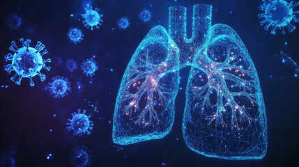 A futuristic image shows glowing, geometric lungs protected from the COVID-19 virus. The dark blue background and modern design highlight the importance of lung health.low poly wireframe.