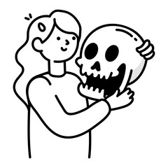 Wall Mural - A woman holding a haunted skull, a doodle style icon 

