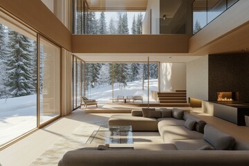 Canvas Print - Design photo of an apartment with glass walls overlooking vast hilly landscapes in winter