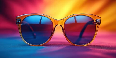 A pair of amber sunglasses with blue lenses sitting on a vibrant purple and orange background.