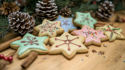 Delicious Christmas cookies shaped like stars, decorated with icing and sprinkles