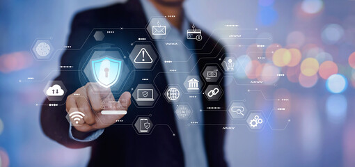 Cyber security and online data protection on internet of thing. Firewall shield secure access system. Cybersecurity privacy concept technology.