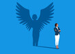 © Vadym - Businesswoman dreams of becoming a superhero, arms crossed casting a shadow with wings angel. Power, ambition. Flat vector illustration