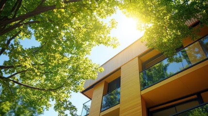 Eco-friendly modern city building with green tree branches, sustainable urban architecture.