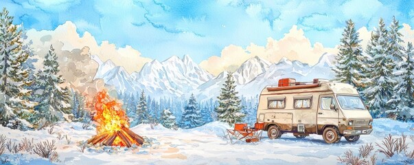 Illustrate a traditional watercolor painting of a camper cooking by a crackling fire in a snow-covered meadow, from a charmingly tilted angle