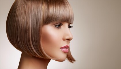 Close-up of a woman with a trendy short bob haircut, perfectly styled with sleek, shiny hair. Minimalist background, modern and fashionable look, beauty and haircare concept.