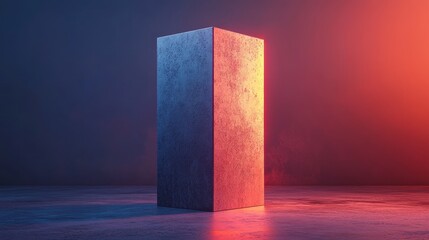 Wall Mural - A cube made of concrete is lit up with red and blue lights