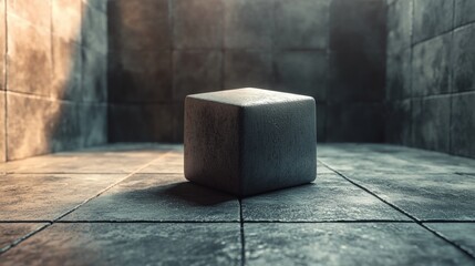 Poster - A grey stone cube is sitting on a tiled floor