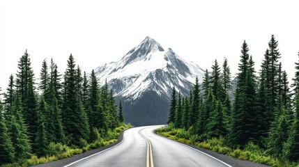 Wall Mural - Forest mountain road winding up towards the peak in a 3D landscape, clean white background.