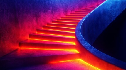 Canvas Print - A staircase with red and blue lights illuminating the steps