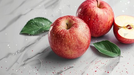 Red Apples with Green Leaves on Marble Surface