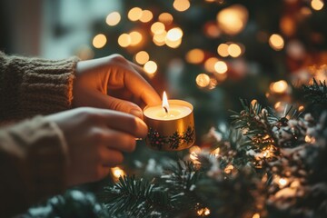 Wall Mural - Cozy candlelit christmas: a warm glow amidst blurred tree lights