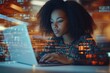 © vasyan_23 - Focused young professional woman working on laptop with digital data overlay