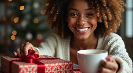 Wall Mural - A woman is sitting on a couch with a red present in front of her