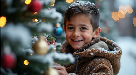 Wall Mural - A young boy is standing under a Christmas tree, wearing a red and gray hat