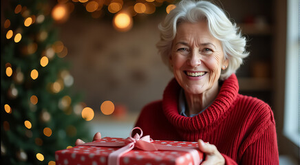 Wall Mural - A woman is holding a red present and smiling