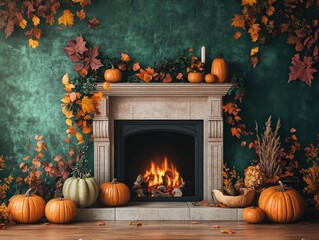 Wall Mural - Cozy fireplace decorated with pumpkins and autumn leaves against green backdrop