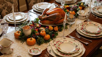 A beautifully arranged Thanksgiving table featuring a roasted turkey, colorful side dishes, and pumpkin pie, all on elegant dinnerware, creating a warm, festive atmosphere without people present.